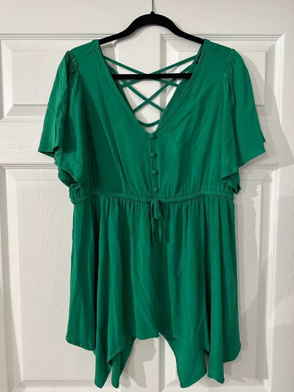 Green V-Neck Crisscross Peplum Top
